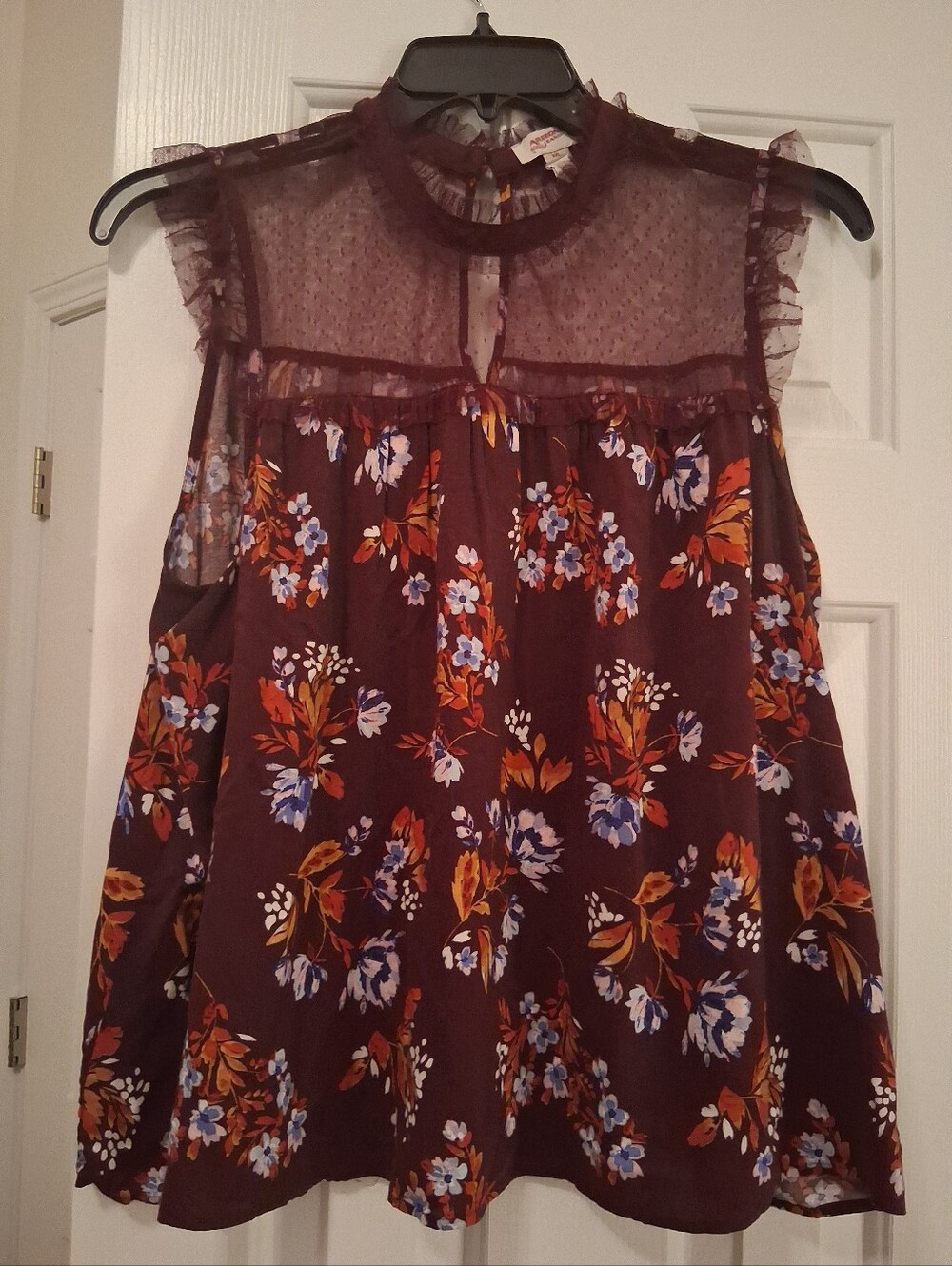 Arizona Jean Company Burgundy Floral Sheer Yoke Sleeveless Top